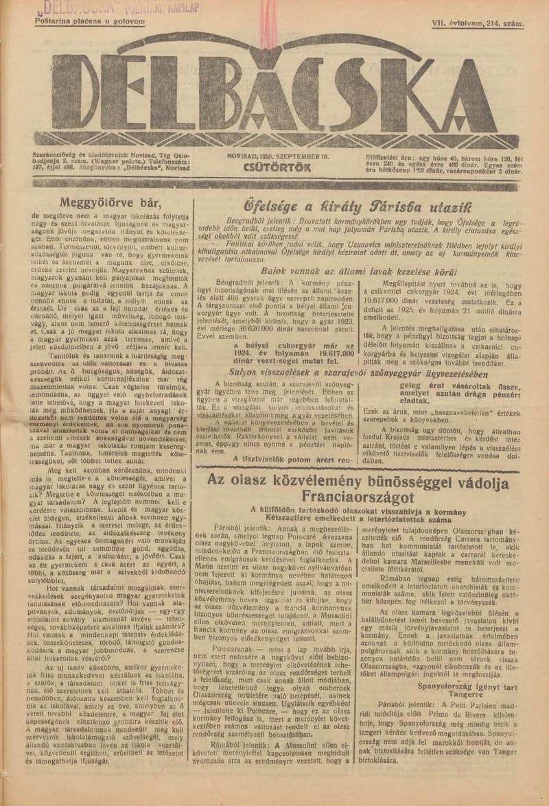 Délbácska, 7. évf. 1926. szeptember 16. 214. sz.