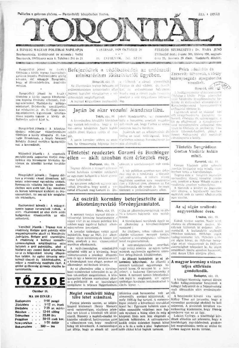 Torontál, 58. évf. 1929. október 20. 242. sz.