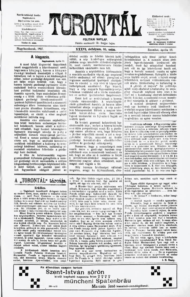 Torontál, 36. évf. 1907. április 13. 85. sz.