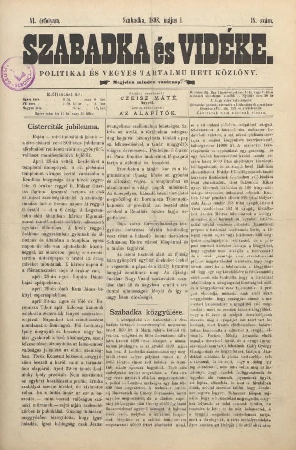 Szabadka és vidéke II, 6. évf. 1898. május 1. 18. sz.