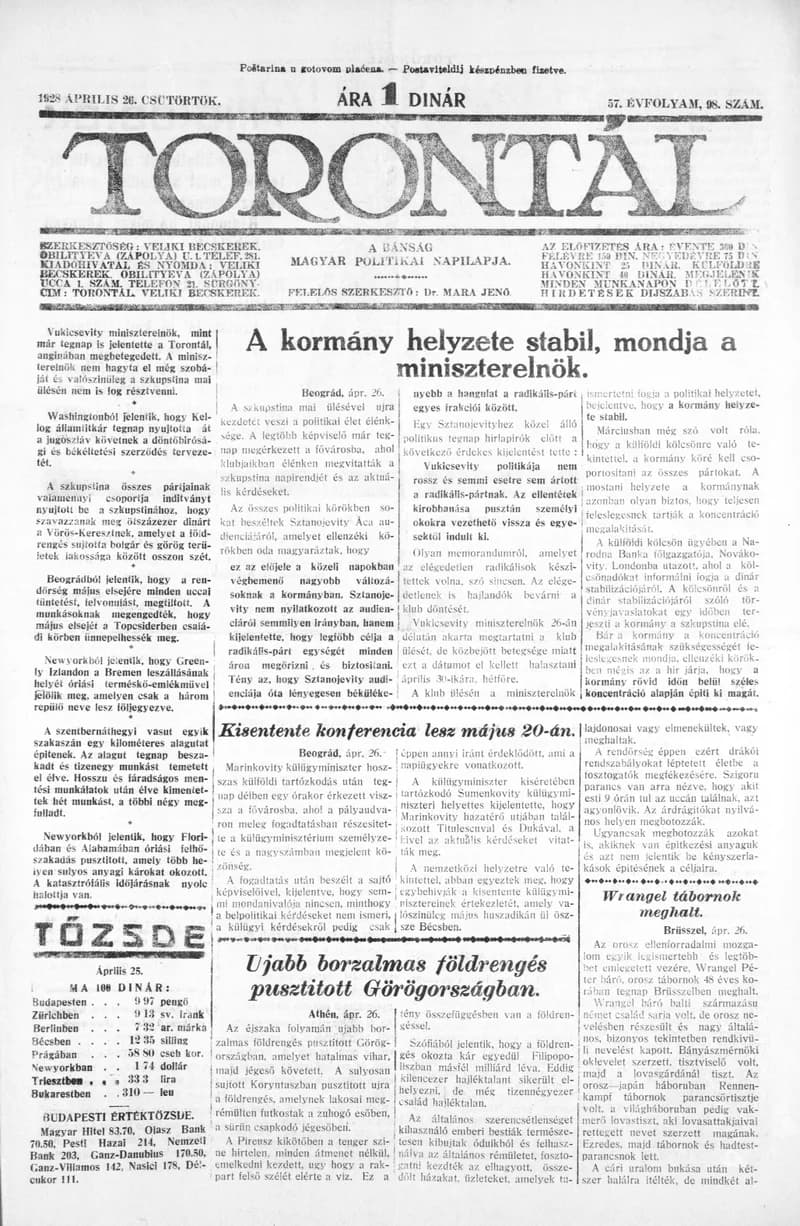 Torontál, 57. évf. 1928. április 26. 98. sz.