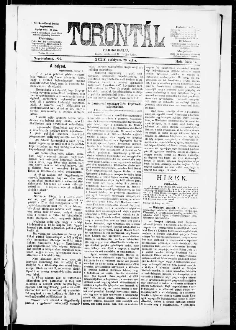 Torontál, 34. évf. 1905. február 6. 29. sz.