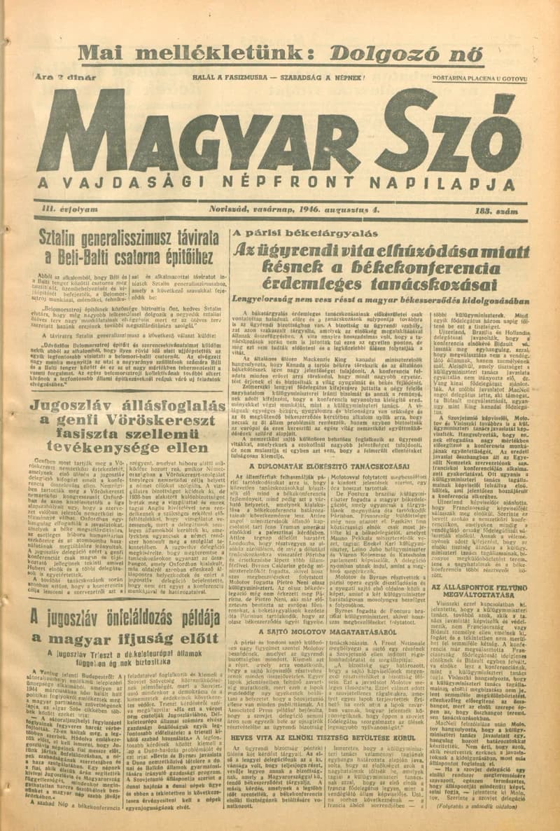 Magyar Szó, 3. évf. 1946. augusztus 4. 183. sz. 1–8. oldal