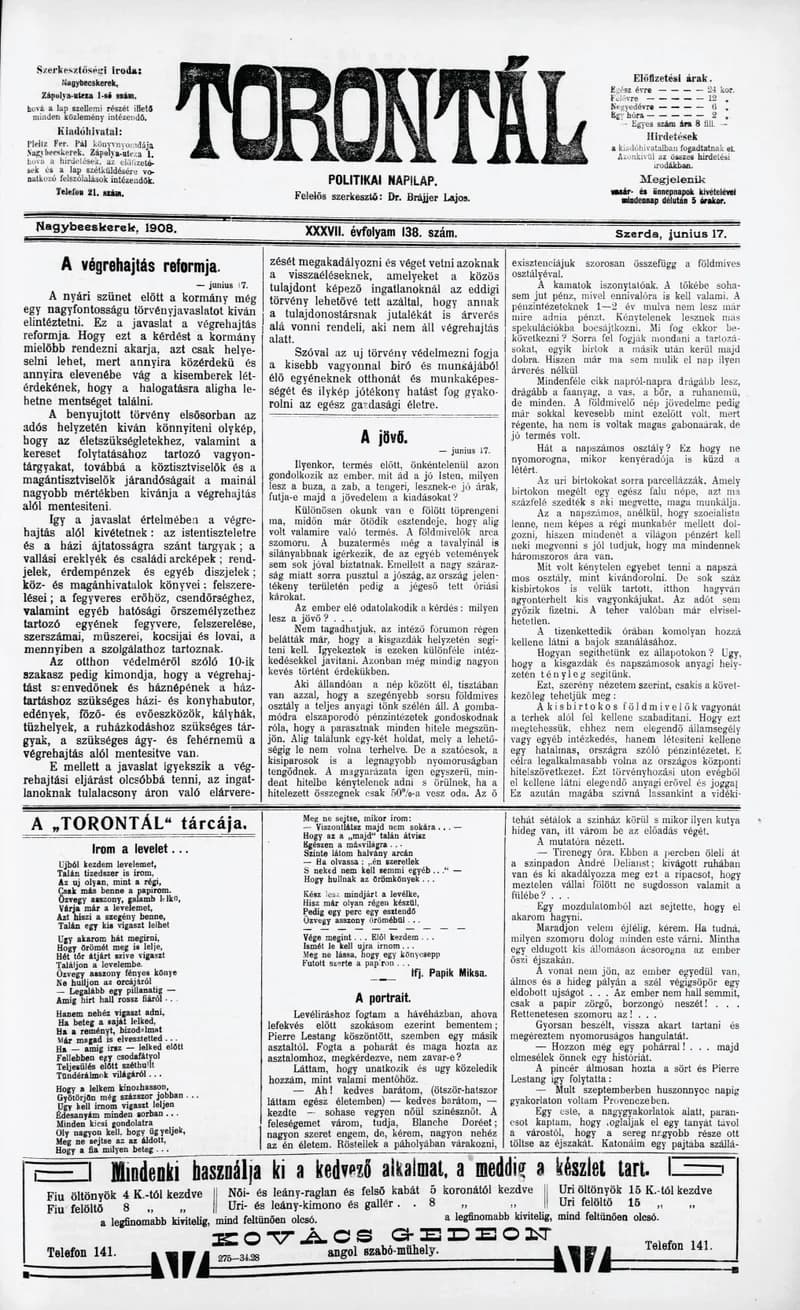 Torontál, 37. évf. 1908. június 17. 138. sz.