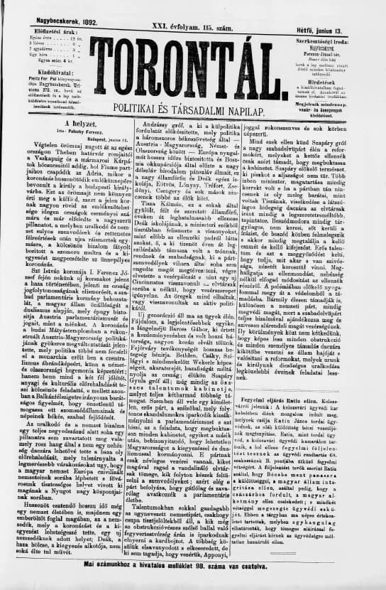 Torontál, 21. évf. 1892. június 13. 115. sz.