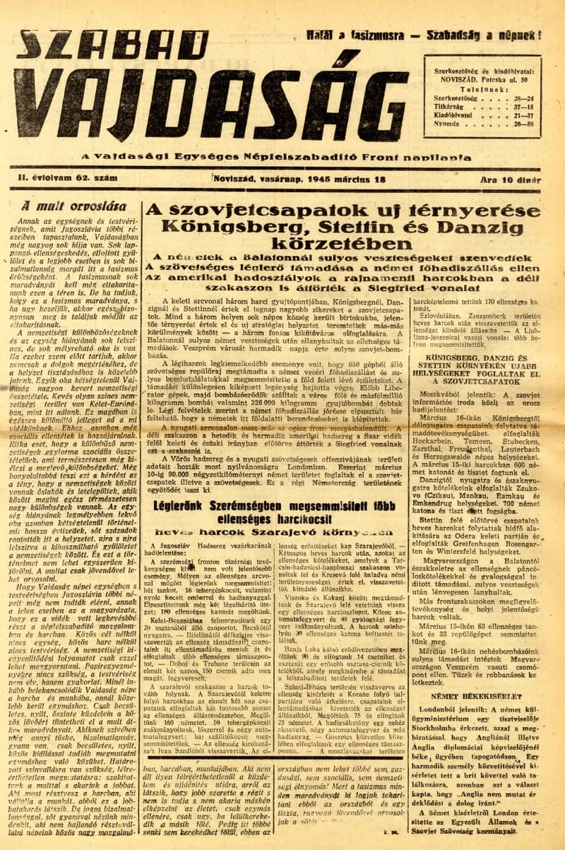 Szabad Vajdaság, 2. évf. 1945. március 18. 62. sz.