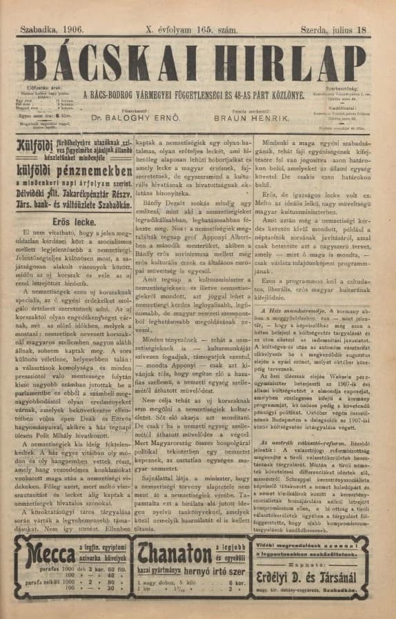 Bácskai Hirlap, 10. évf. 1906. július 18. 165. sz.