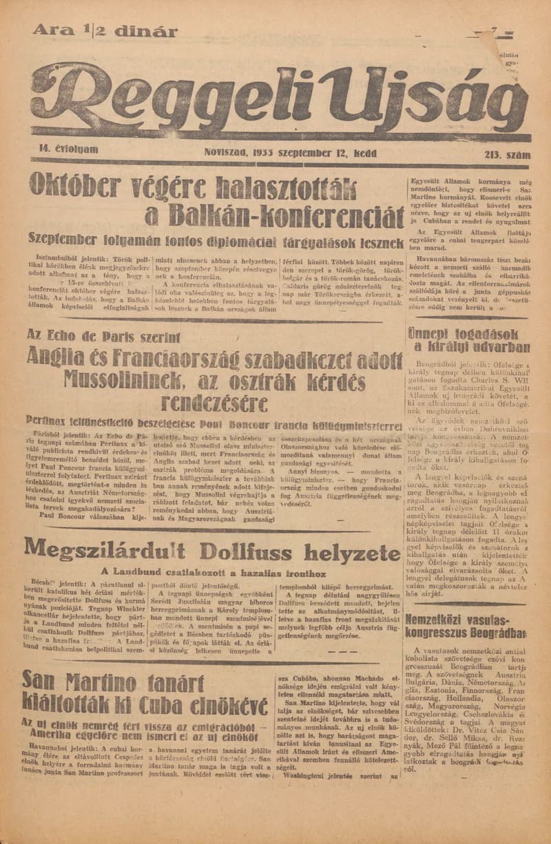 Reggeli Újság, 14. évf. 1933. szeptember 12. 213. sz.
