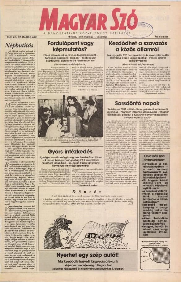 Magyar Szó, 49. évf. 1992. március 1. 59. sz. 1–28. oldal