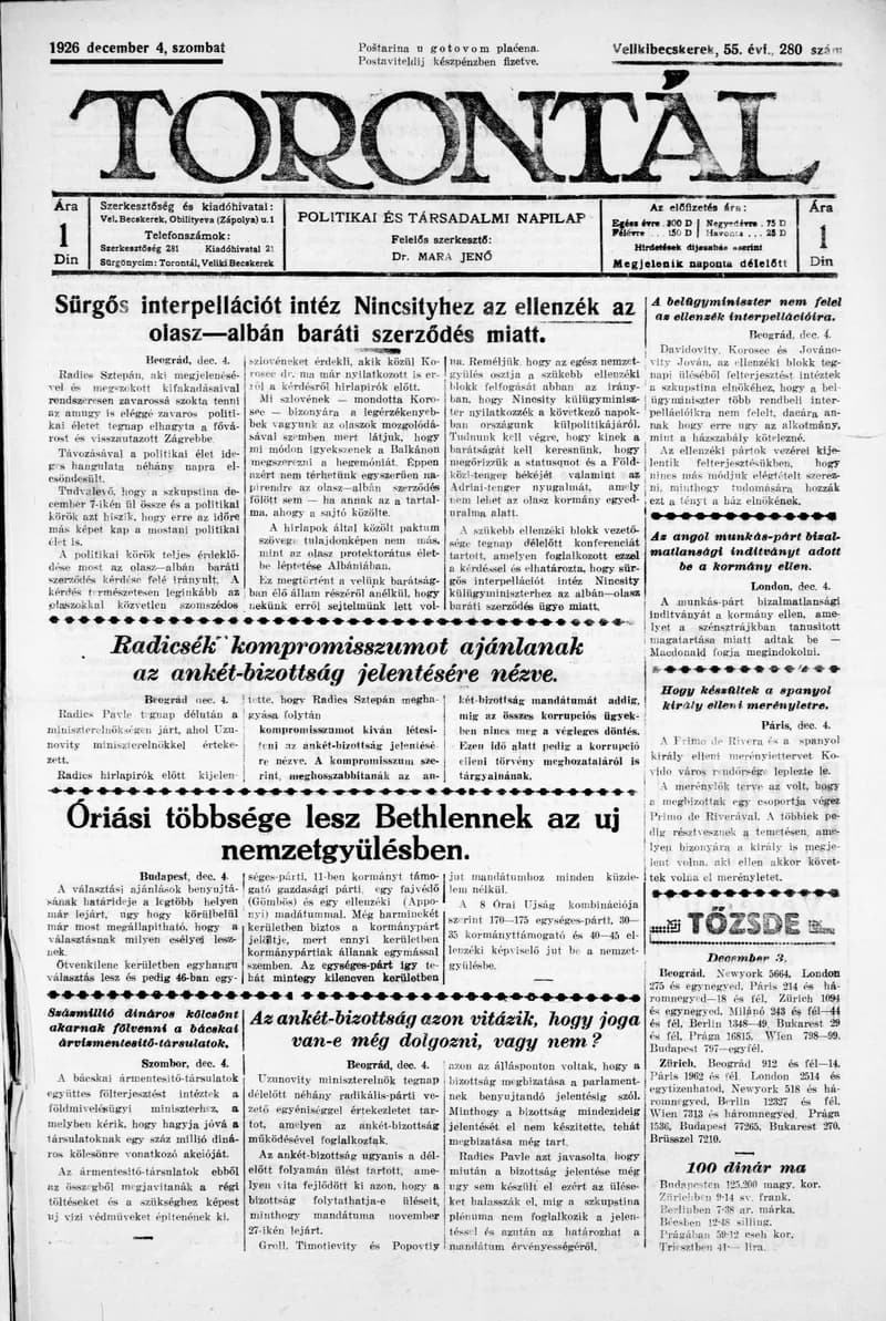 Torontál, 55. évf. 1926. december 4. 280. sz.