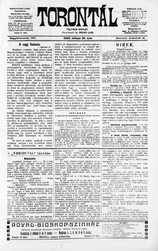 Torontál, 39. évf. 1910. december 10. 281. sz.