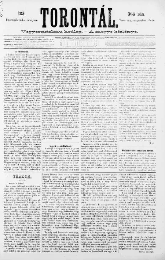 Torontál, 18. évf. 1889. augusztus 25. 34. sz.