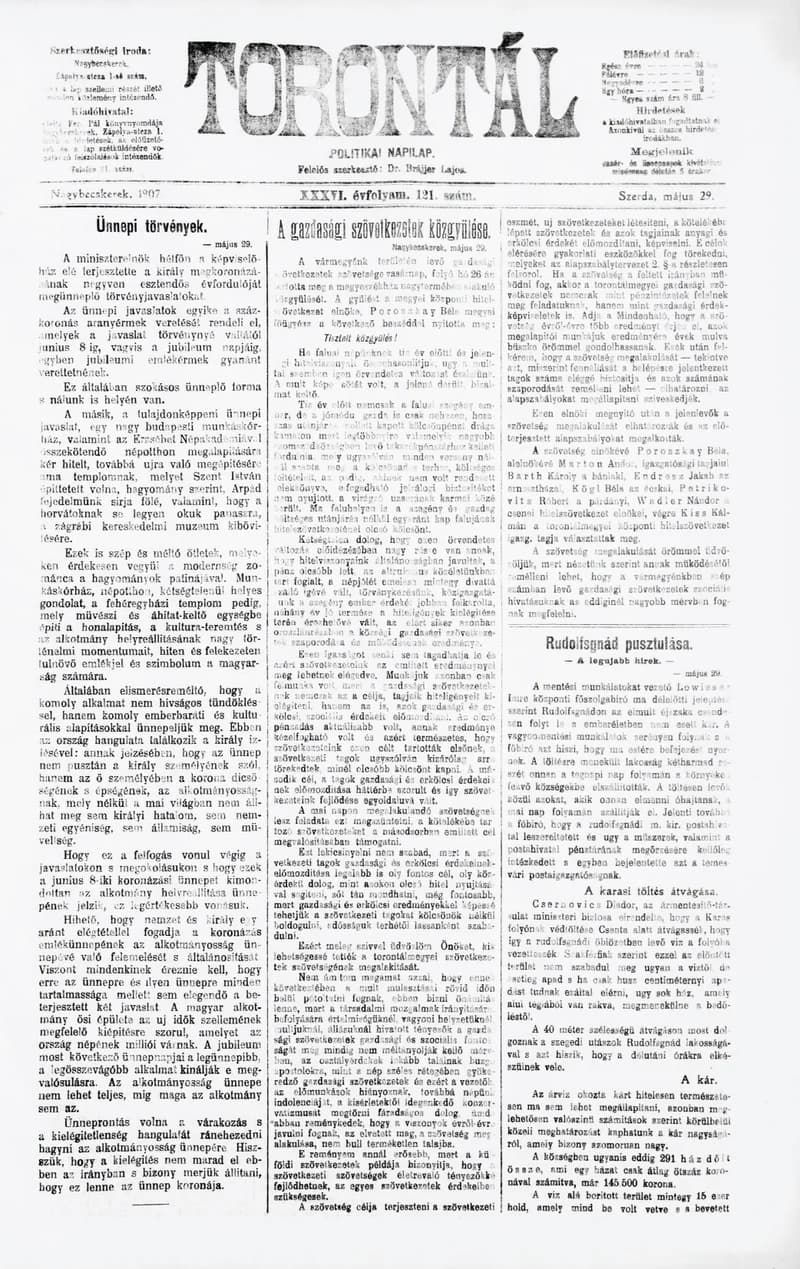 Torontál, 36. évf. 1907. május 29. 121. sz.