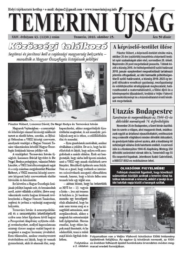 Temerini Újság, 24. évf. 2018. október 25. 43. sz.