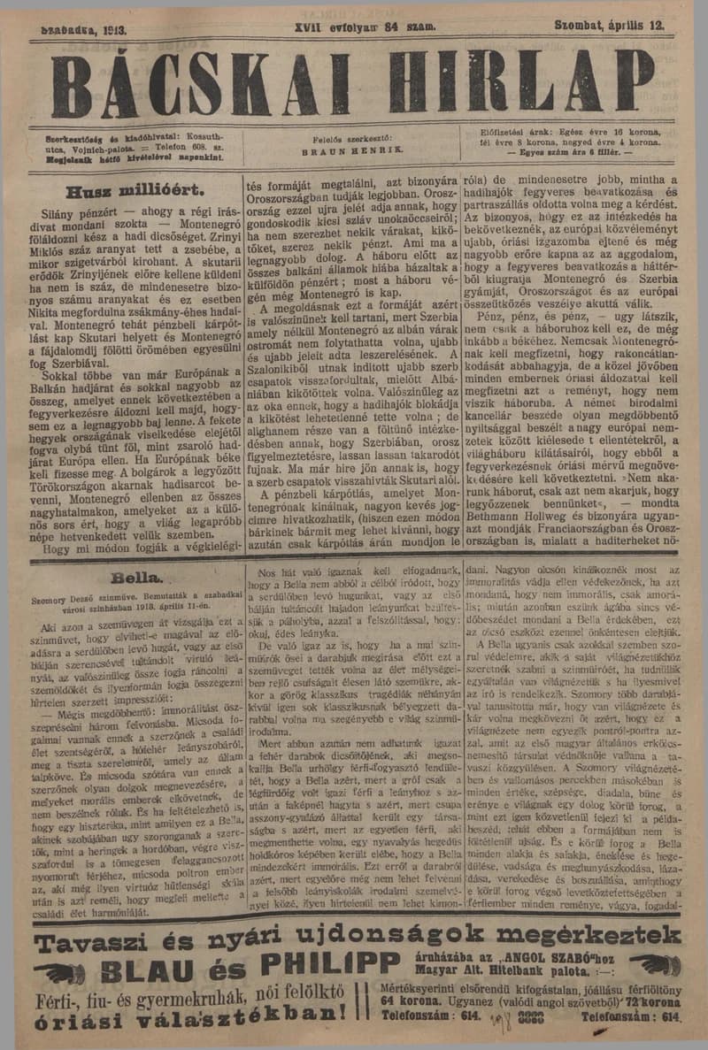 Bácskai Hirlap, 17. évf. 1913. április 12. 84. sz.