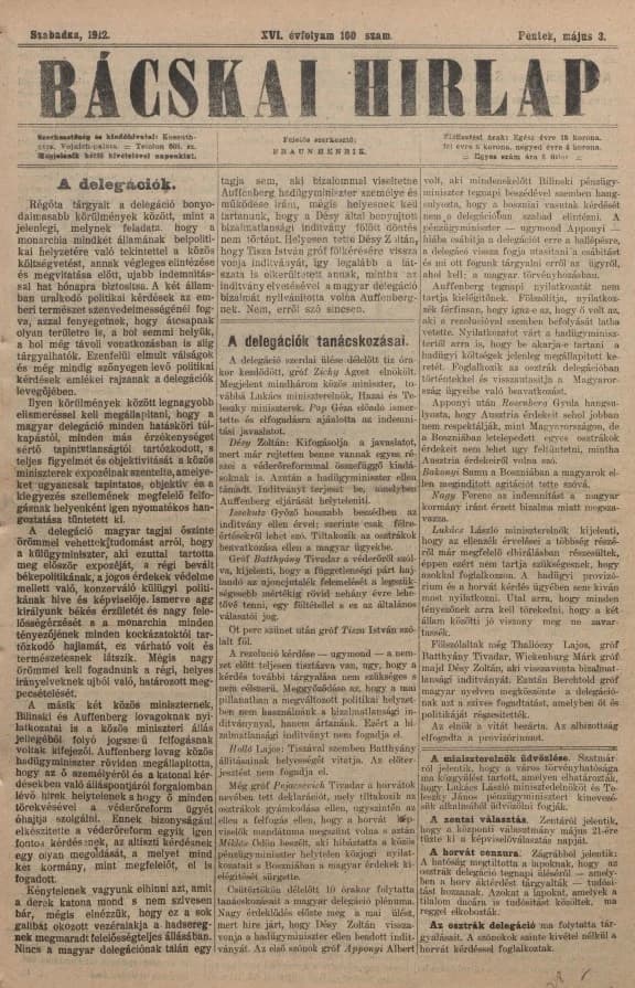 Bácskai Hirlap, 16. évf. 1912. május 3. 100. sz.