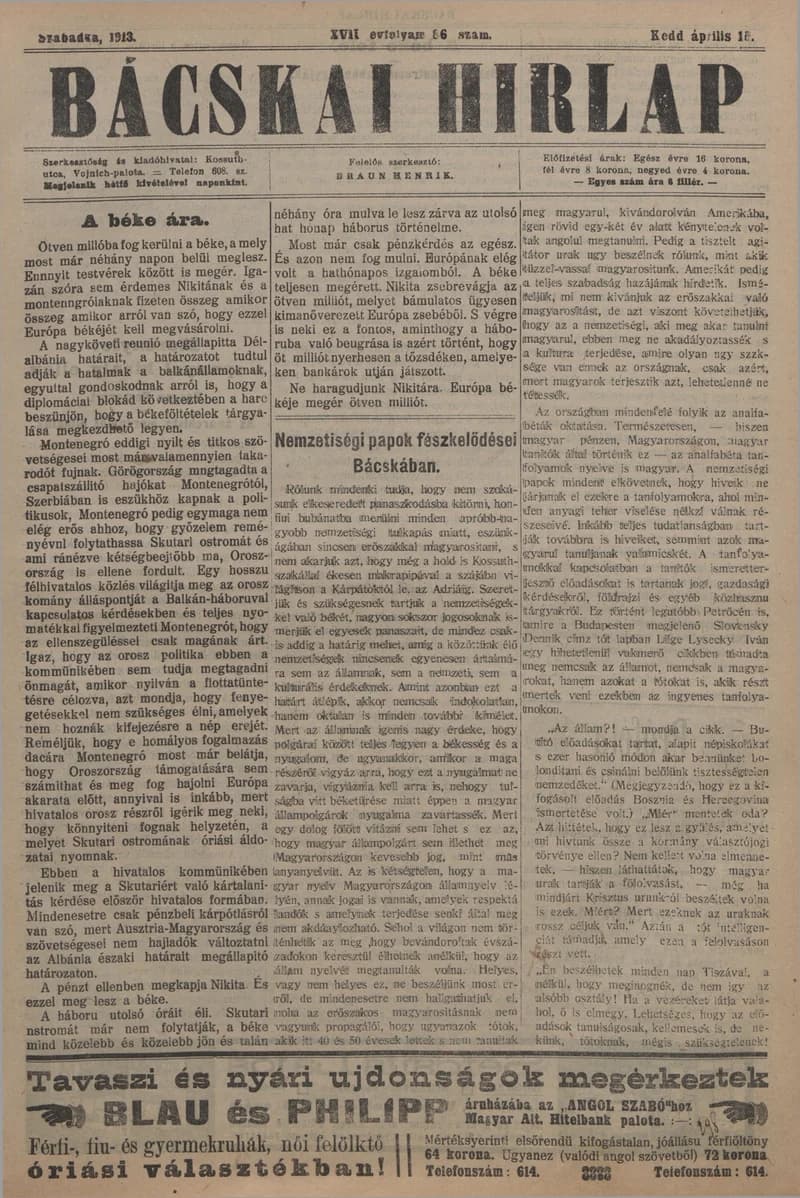 Bácskai Hirlap, 17. évf. 1913. április 15. 86. sz.