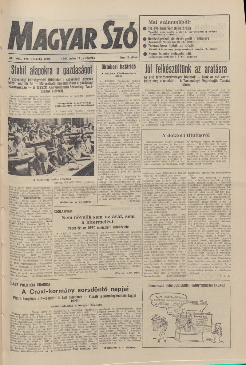 Magyar Szó, 41. évf. 1984. július 12. 190. sz. 1–16. oldal