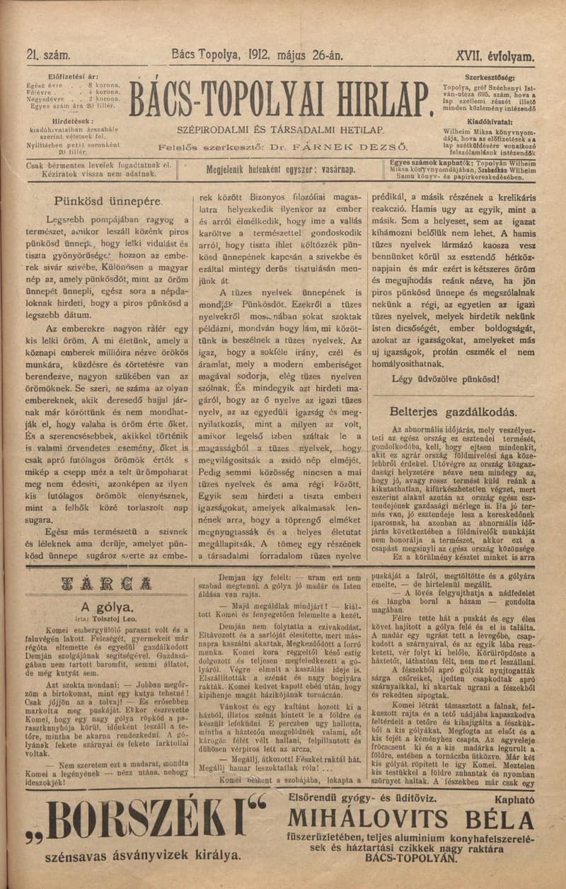 Bács-Topolyai Hirlap, 17. évf. 1912. május 26. 21. sz.