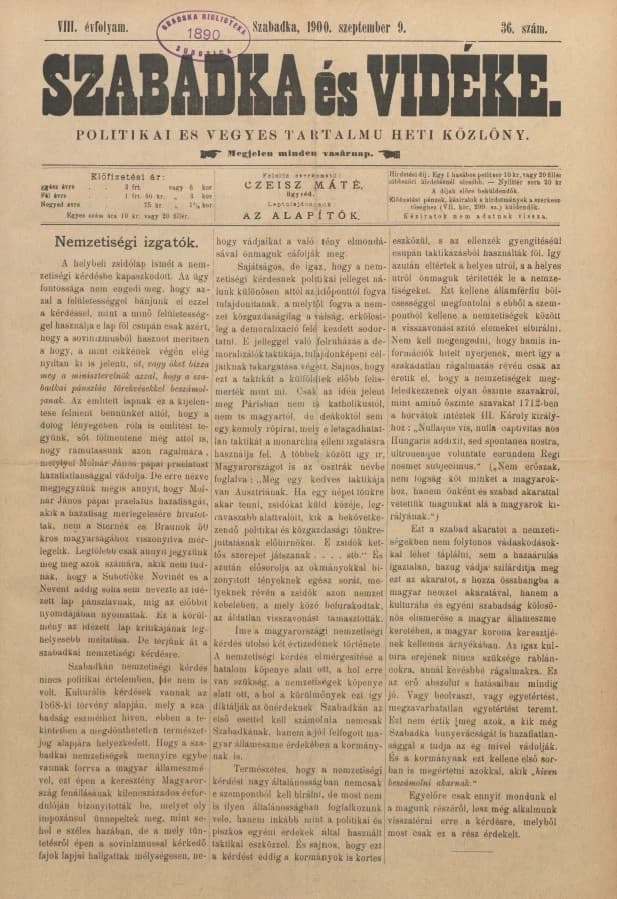 Szabadka és vidéke II, 8. évf. 1900. szeptember 9. 36. sz.