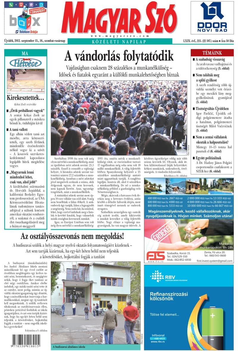 Magyar Szó, 69. évf. 2012. szeptember 15. – 16. 215. sz. 1–44. oldal