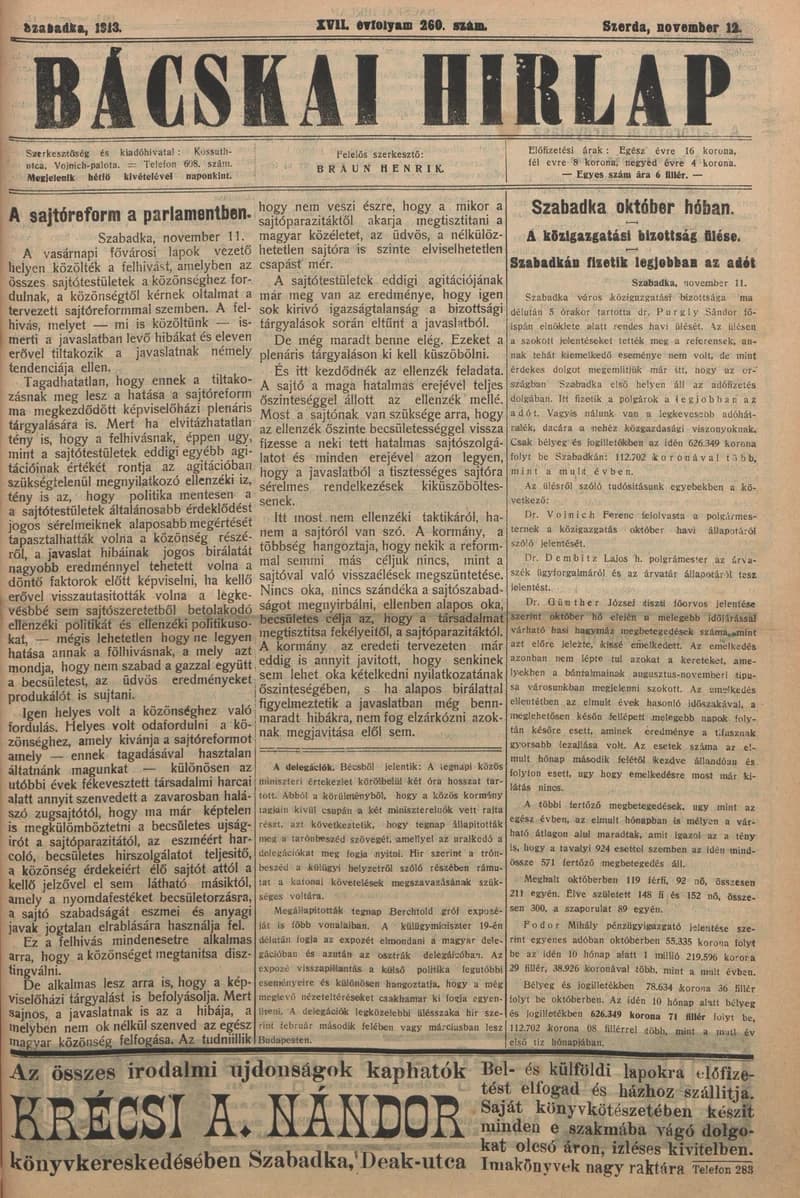 Bácskai Hirlap, 17. évf. 1913. november 12. 260. sz.