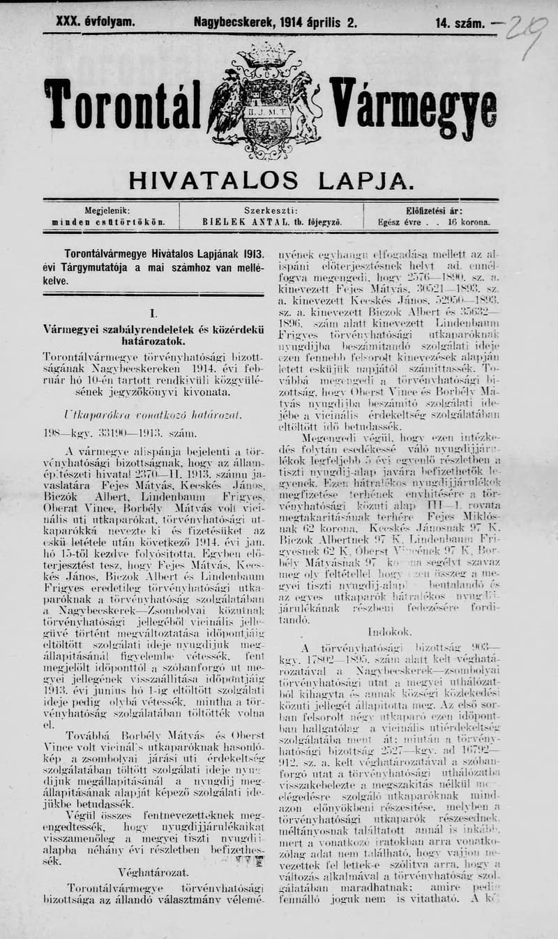 Torontál Vármegye Hivatalos Lapja, 30. évf. 1914. április 2. 14. sz.
