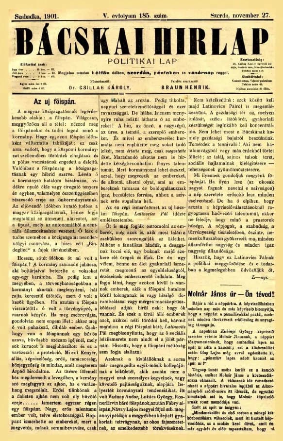 Bácskai Hirlap, 5. évf. 1901. november 27. 185. sz.