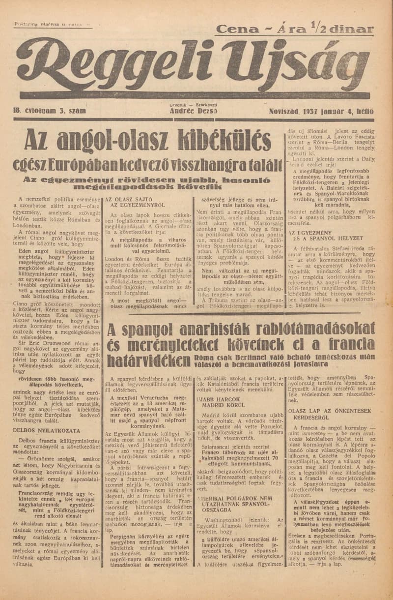 Reggeli Újság, 18. évf. 1937. január 4. 3. sz.