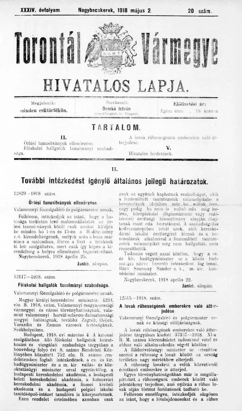 Torontál Vármegye Hivatalos Lapja, 34. évf. 1918. május 2. 20. sz.