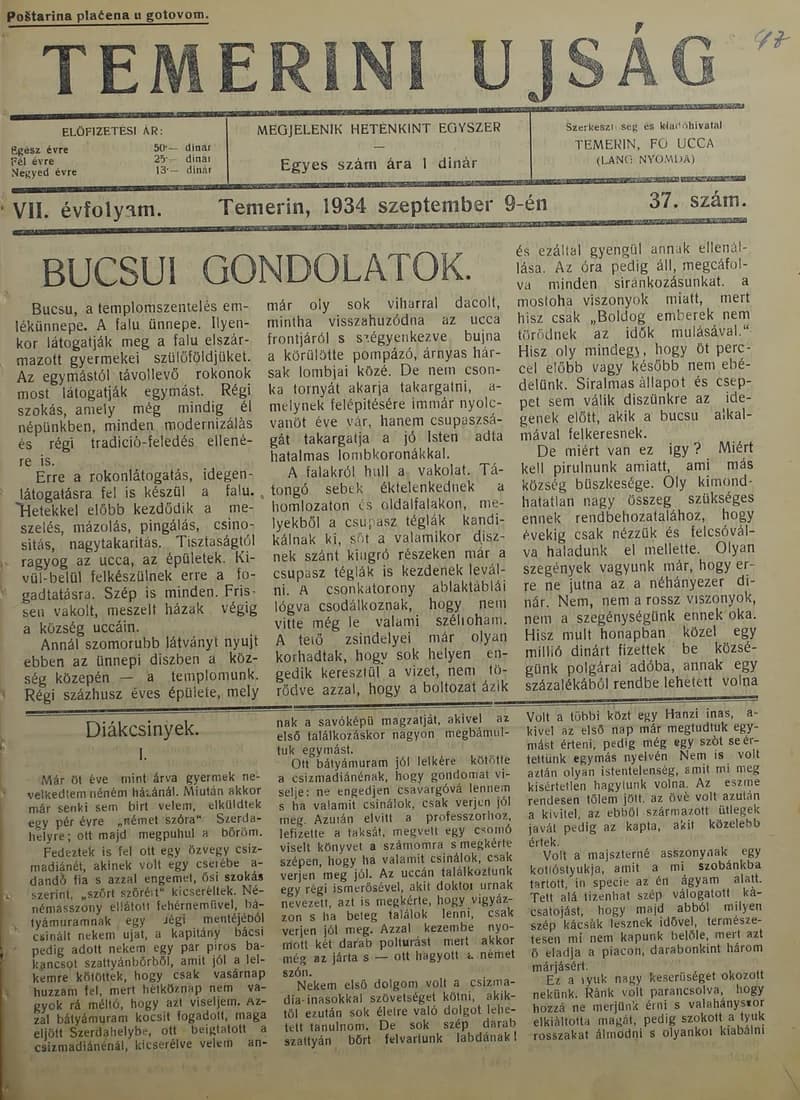 Temerini Újság 1928-1944, 7. évf. 1934. szeptember 9. 37. sz.