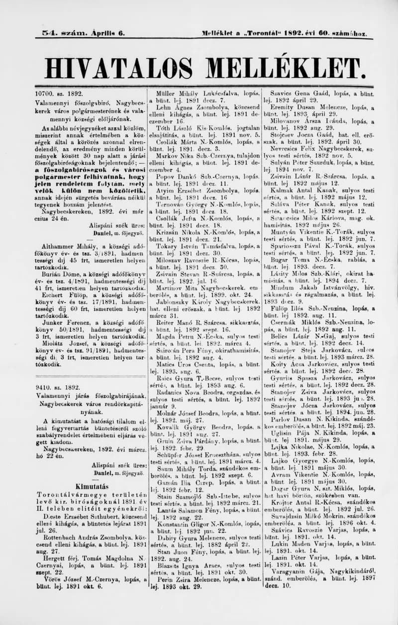 A Totontál  hivatalos melléklete, 5. évf. 1892. április 6. 54. sz.