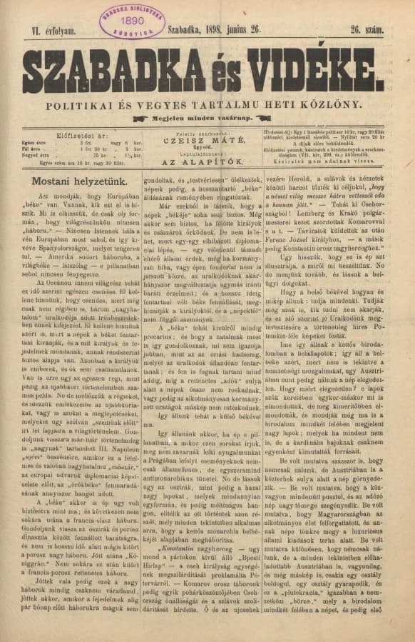 Szabadka és vidéke II, 6. évf. 1898. június 26. 26. sz.