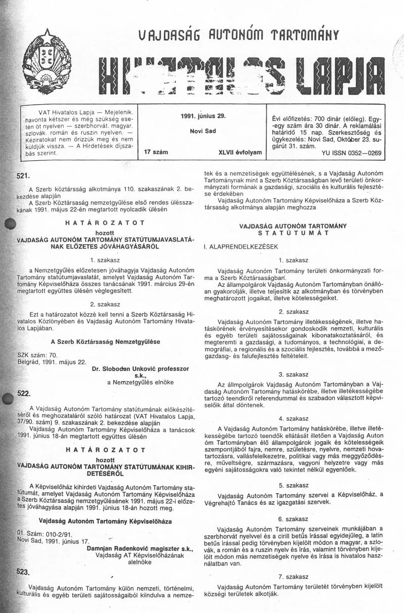 Vajdaság Szocialista Autonóm Tartomány Hivatalos Lapja, 47. évf. 1991. június 29. 17. sz.