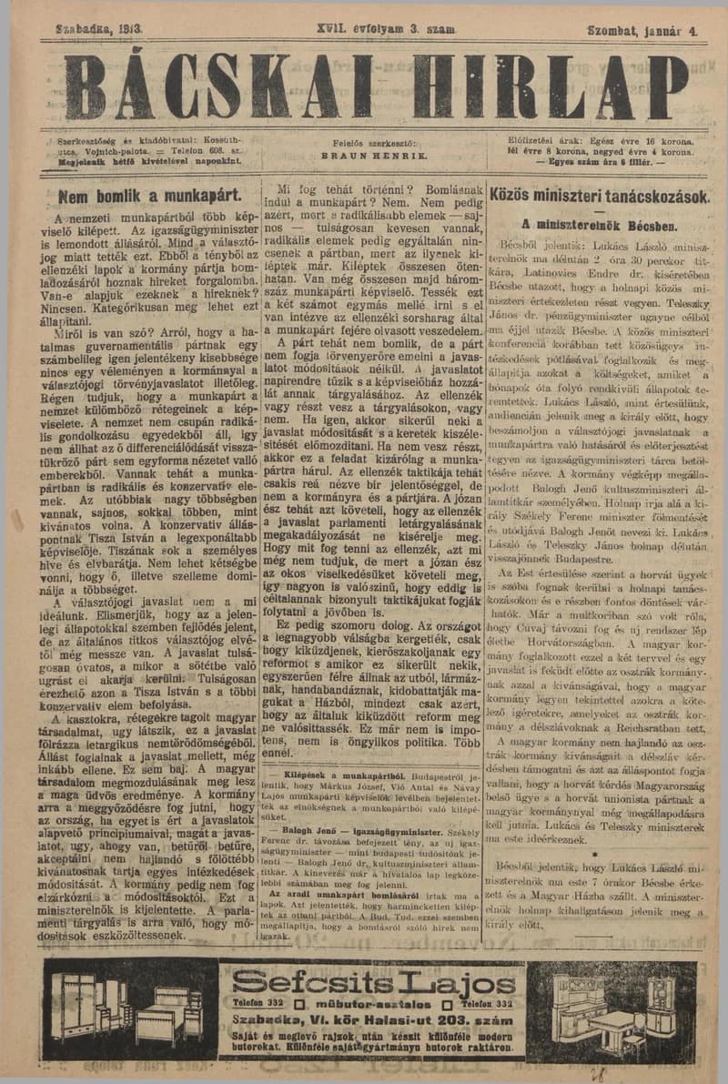 Bácskai Hirlap, 17. évf. 1913. január 4. 3. sz.