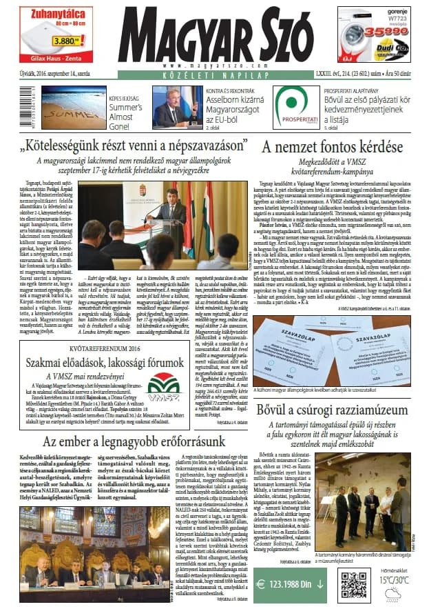 Magyar Szó, 73. évf. 2016. szeptember 14. 214. sz. 1–16. oldal
