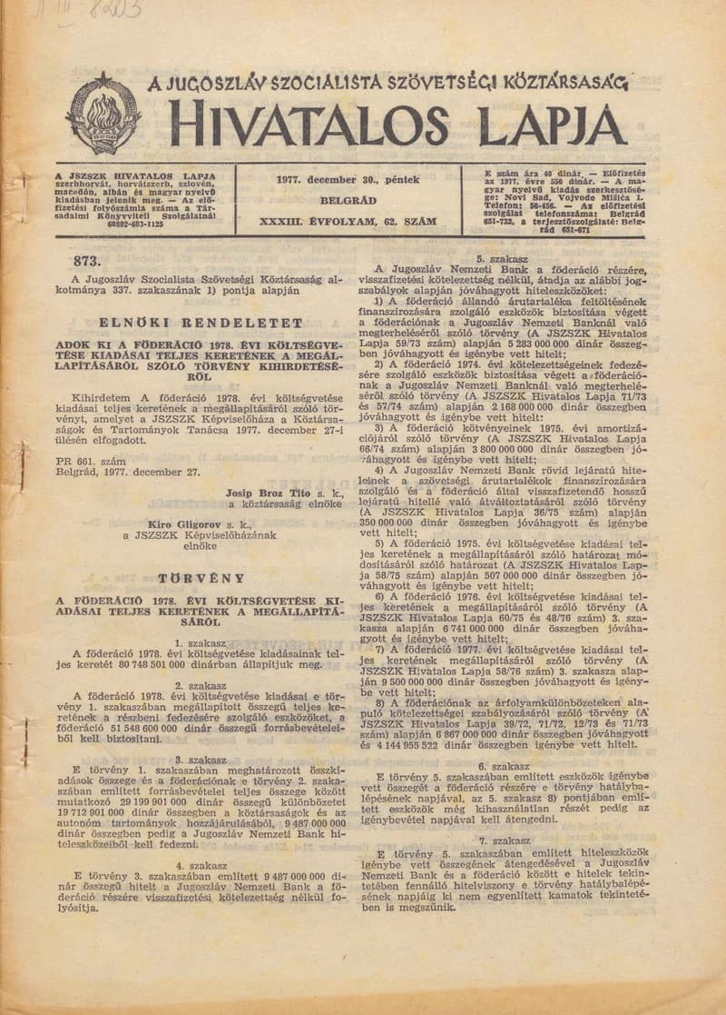 A Jugoszláv Szocialista Szövetségi Köztársaság Hivatalos Lapja, 33. évf. 1977. december 30. 62. sz. 2129–2288. oldal