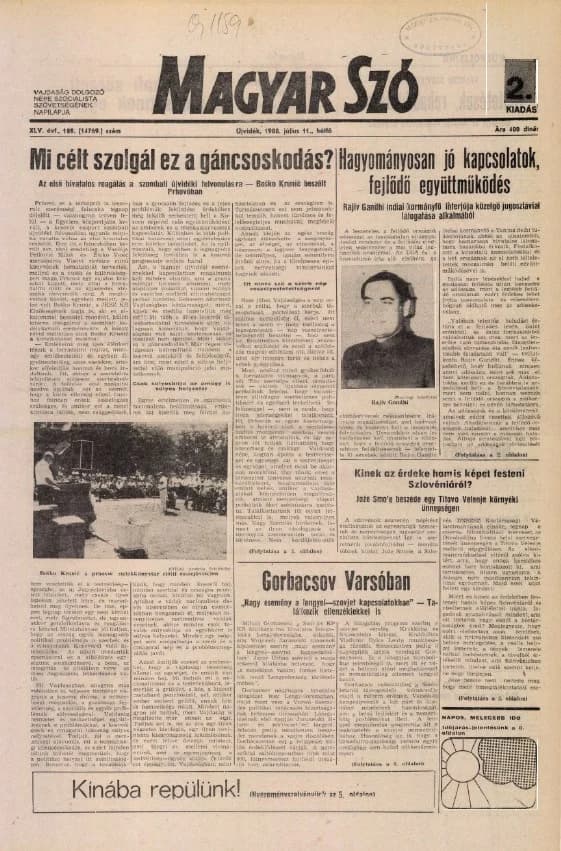 Magyar Szó, 45. évf. 1988. július 11. 189. sz. 1–16. oldal