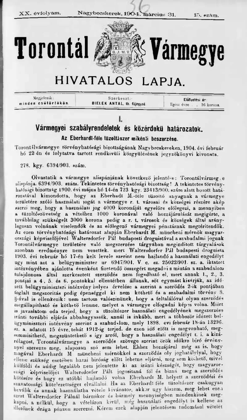 Torontál Vármegye Hivatalos Lapja, 20. évf. 1904. március 31. 15. sz.