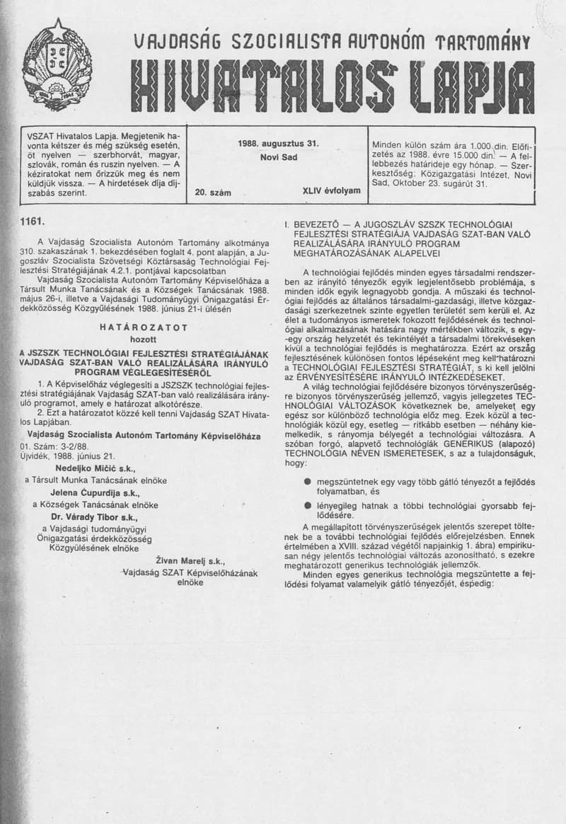Vajdaság Szocialista Autonóm Tartomány Hivatalos Lapja, 44. évf. 1988. augusztus 31. 20. sz.