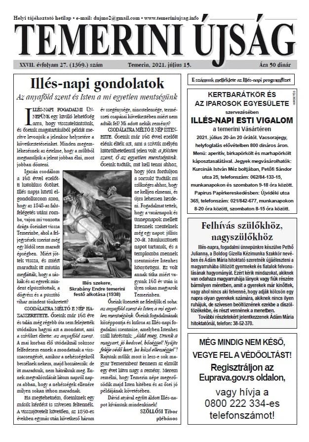 Temerini Újság, 27. évf. 2021. július 15. 27. sz.