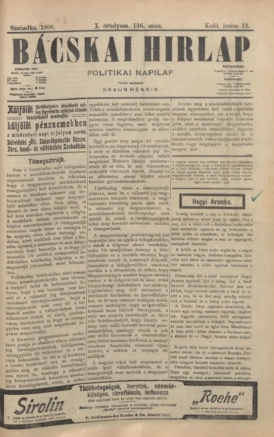 Bácskai Hirlap, 10. évf. 1906. június 12. 136. sz.