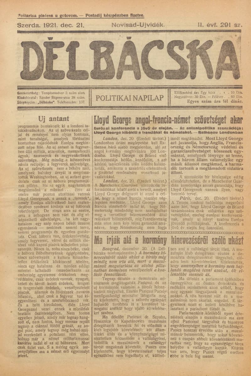 Délbácska, 2. évf. 1921. december 21. 291. sz.
