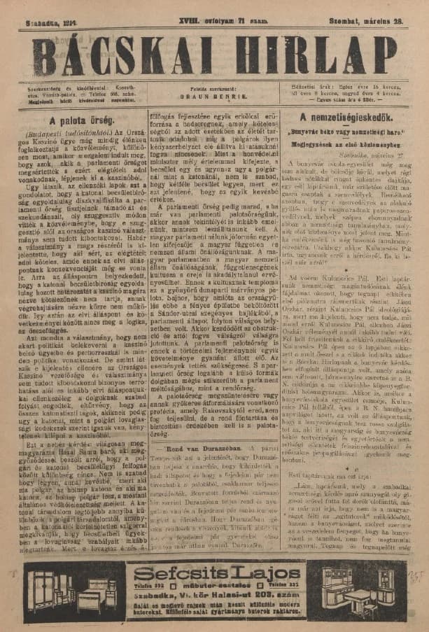 Bácskai Hirlap, 18. évf. 1914. március 28. 71. sz.