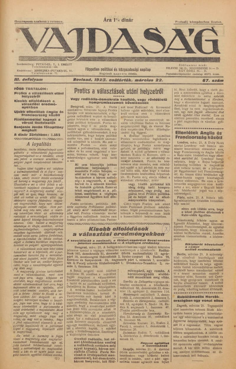 Vajdaság, 3. évf. 1923. március 22. 67. sz.