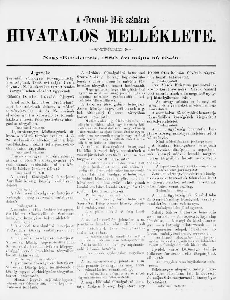 A Totontál  hivatalos melléklete, 2. évf. 1889. május 12. 19. sz.