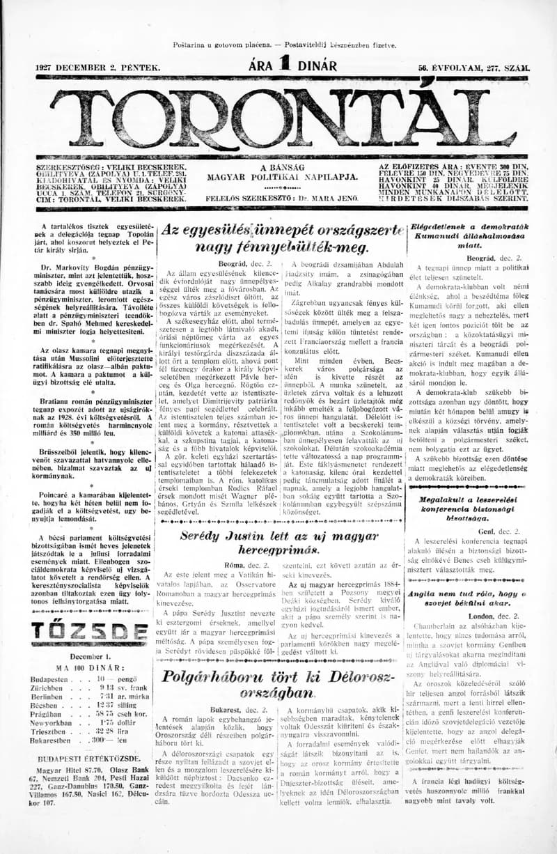 Torontál, 56. évf. 1927. december 2. 277. sz.