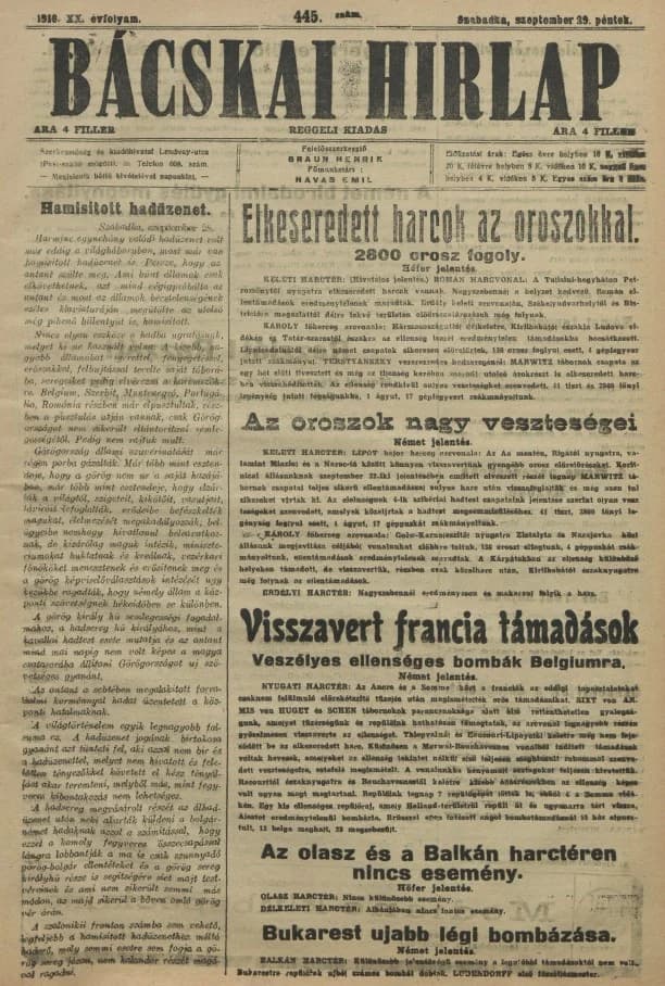 Bácskai Hirlap, 20. évf. 1916. szeptember 29. 445. sz.