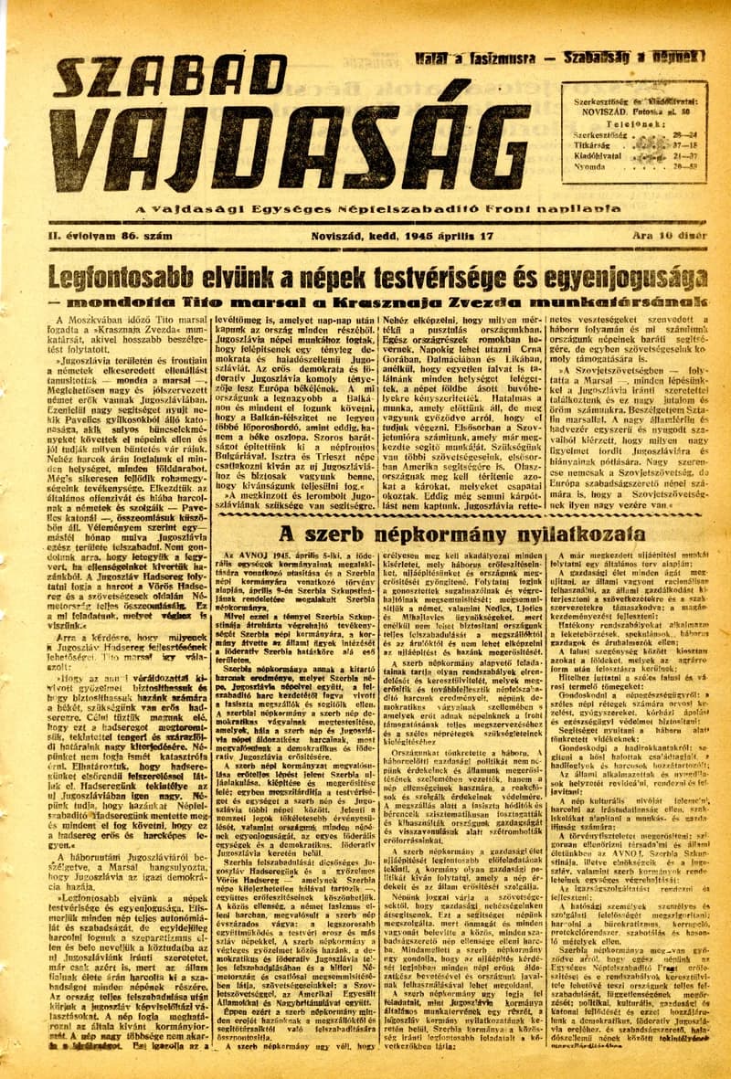 Szabad Vajdaság, 2. évf. 1945. április 17. 86. sz.
