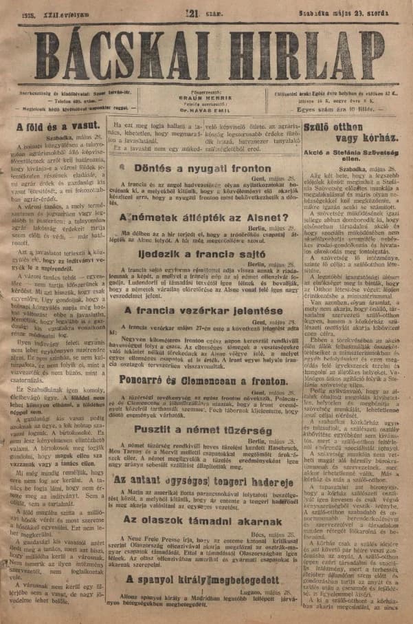 Bácskai Hirlap, 22. évf. 1918. május 29. 121. sz.